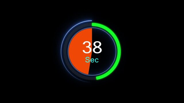 Digital circular countdown timer animation, 38 seconds progress bar with neon glowing interface for ui ux and broadcast