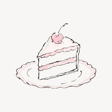 Hand drawn pink cake slice with cherry on transparent background