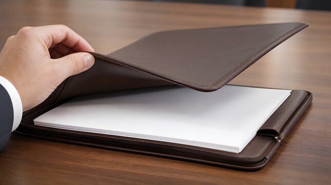 Businessman Hand Opening Professional Brown Leather Folder with Blank White Papers on Wooden Desk