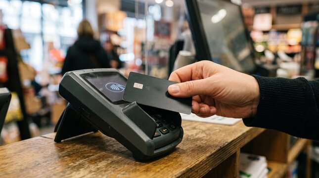 Customer making contactless payment with a credit card at a retail store checkout counter