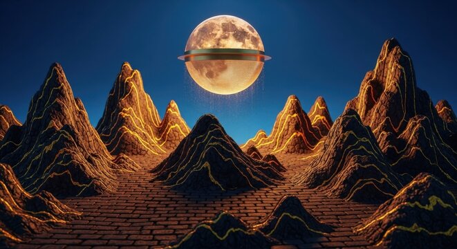 Sci-fi retro mountains with giant planet. Vintage vaporwave landscape, 80s game aesthetic