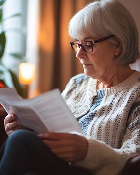 Senior woman reading important documents at home with natural window light, cozy lifestyle, retirement planning, healthcare, finance, insurance, independent aging concept