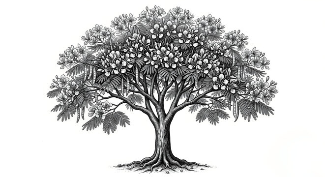 Detailed vintage engraving style illustration of a flowering flamboyant tree with pods