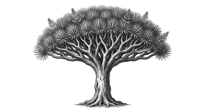 Detailed vintage engraving style illustration of a dragon tree with umbrella canopy