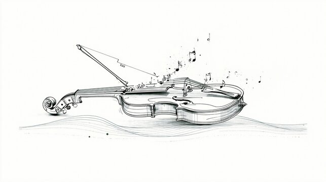 Detailed line drawing of a violin with musical notes floating above and wavy lines below, isolated on white background