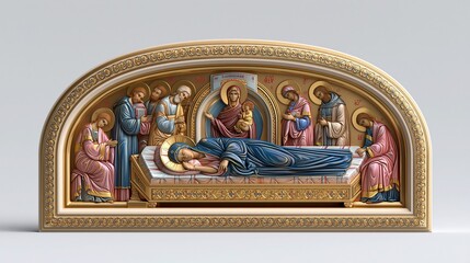 Fototapeta premium Ornate Byzantine Orthodox Icon Relief Carving Depicting the Dormition of the Virgin Mary with Mourning Disciples