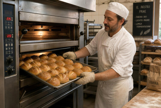 Baker in Uniform Holding Tray of Freshly Baked Buns in Modern Bakery