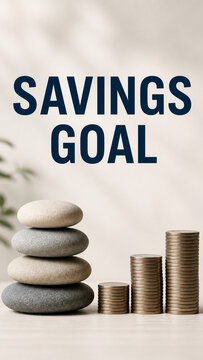 Minimal financial concept featuring growing coin stacks, balanced stones, and bold savings goal text on a warm neutral background.