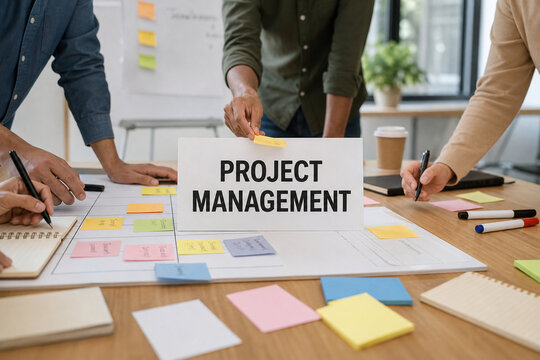 Business team collaborates around a project management board with schedules, colorful sticky notes, notebooks, and planning tools in a modern office.
