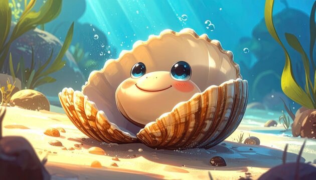 Adorable cartoon clam character smiling inside an open seashell on a sunny sandy seabed underwater with bright sunbeams