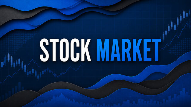 Modern blue financial market graphic featuring bold stock market text, candlestick charts, rising trend lines, grid, and layered abstract waves.