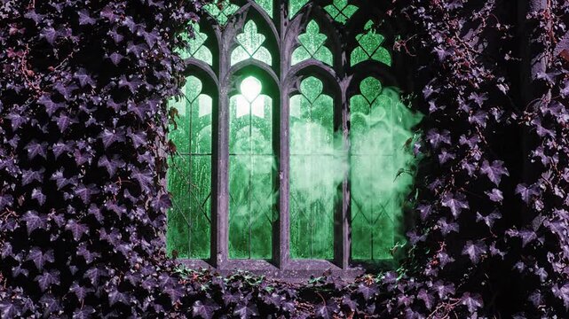 Gothic stone window frame features mysterious swirling green smoke and rain droplets in this eerie cinematic motion video animation capturing a dark atmospheric fantasy scene today.