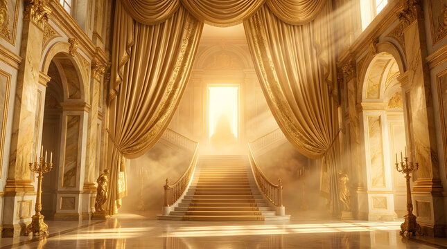 grand palatial interior featuring a majestic staircase leading to a glowing divine light framed by luxurious golden curtains