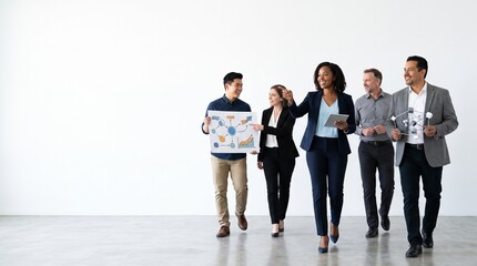 Obraz premium Diverse business team walks together presenting a flowchart and a molecular model in a modern office space