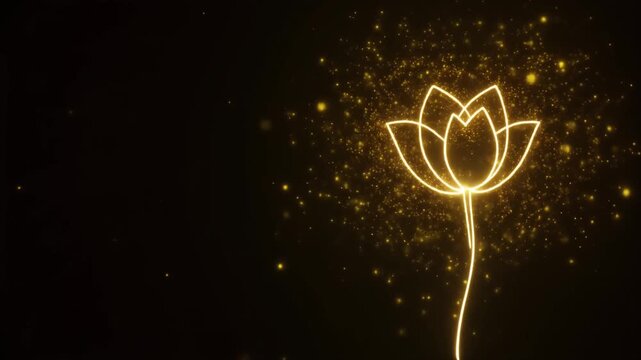 暗闇に金色の光で描かれる蓮の花と輝く粒子が神秘的な和風・ヨガ向けの背景素材