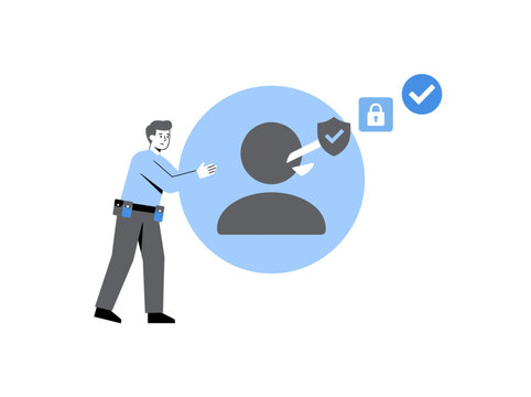 Flat vector illustration of an administrator assigning user permissions with verification badges, representing access control, identity management, authentication, and secure account administration.