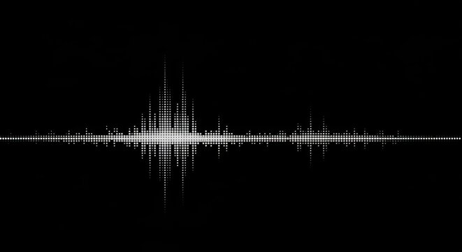Digital audio waveform visualization with white glowing particles on a black set. containing and more. solid collection