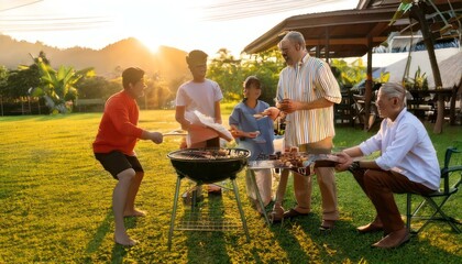 Obraz premium Group of friends having barbecue outdoors.