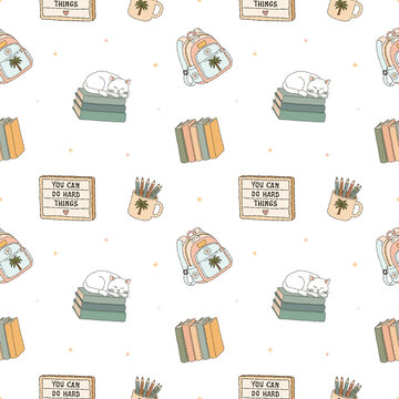 Back to School Teacher Seamless Pattern with Books, Backpack, Cat and Motivational Quote