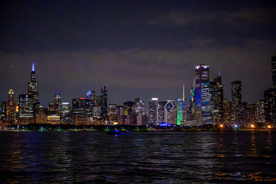 downtown Chicago Illinois view from Lake Michigan at Night