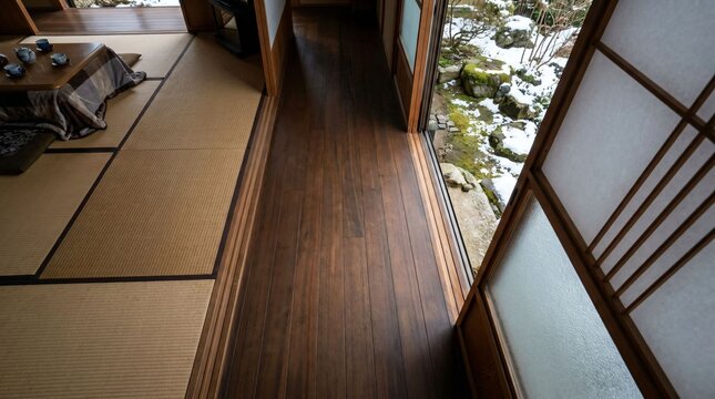 View from inside traditional Japanese house with kotatsu and open shoji door facing snowy garden