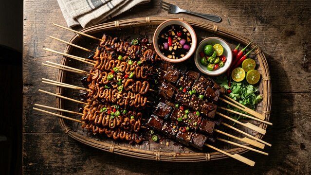 Filipino grilled street food skewers on woven tray over rustic wooden table with dipping sauces