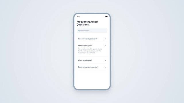 FAQ Help Search Mobile App UI Animation Expandable Question List Interface Screen
