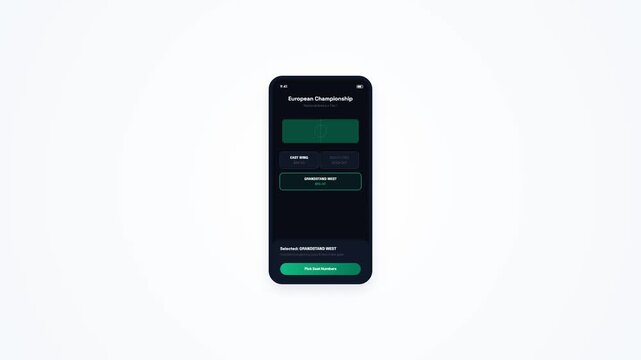 Sports Event Ticket Booking Mobile App UI, Stadium Seat Selection Interface Animation Smartphone Mockup