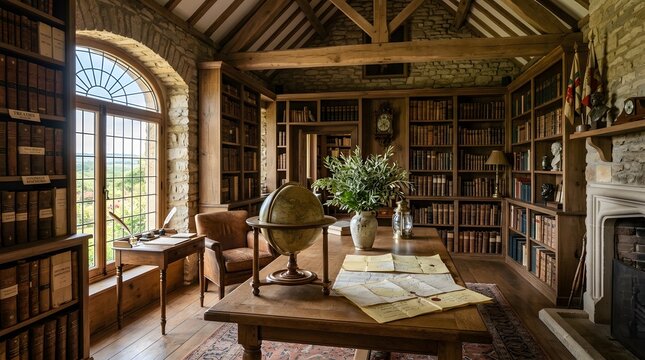 Historic Stone Library with Arched Window, Globe, and Extensive Book Collection