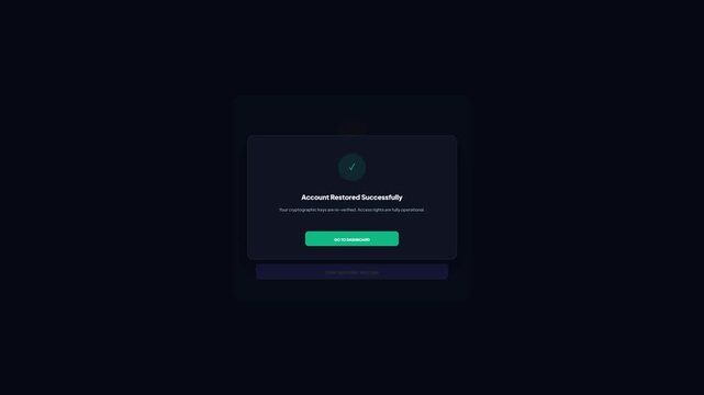User interface screen showing account temporarily locked message with verification progress bar and successful restoration popup on dark background