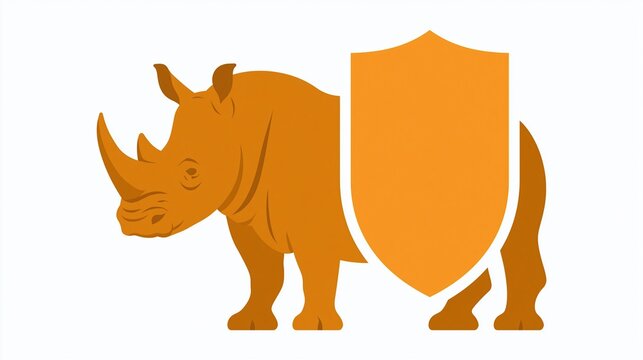 Orange Rhino Symbolizing Protection and Security Behind a Shield Icon