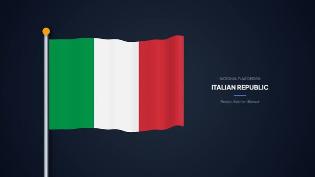Italy National Flag Waving Loop with Country Name Graphic Label on Dark Blue Background
