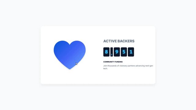 Active Backers Counter Widget User Interface Animation with Blue Heart Graphic for Crowdfunding Platform and Community Capital Funding Dashboard Status