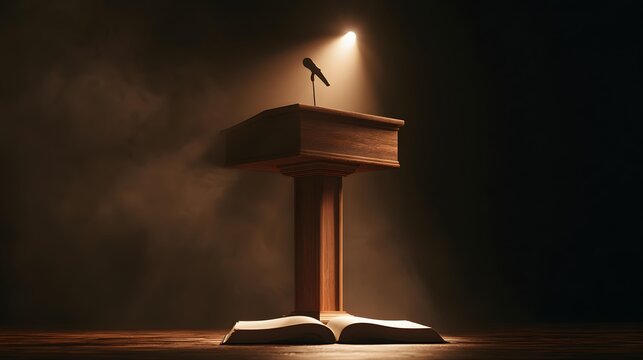 Podium with microphone and open book illuminated by spotlight on dark smoky stage