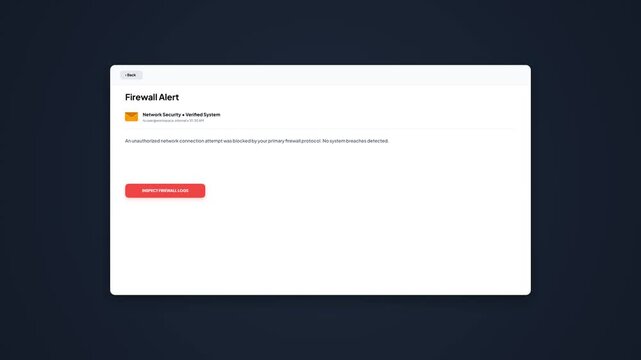 Firewall Alert Network Security Notification Email Inbox User Interface Animation with Inspect Firewall Code Interactive Button for System Protection Logs