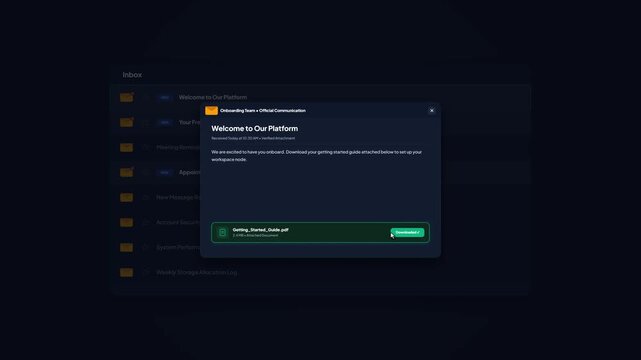 Dark Mode Platform Onboarding Mailbox UI Animation Welcome Document Download Interface Mockup