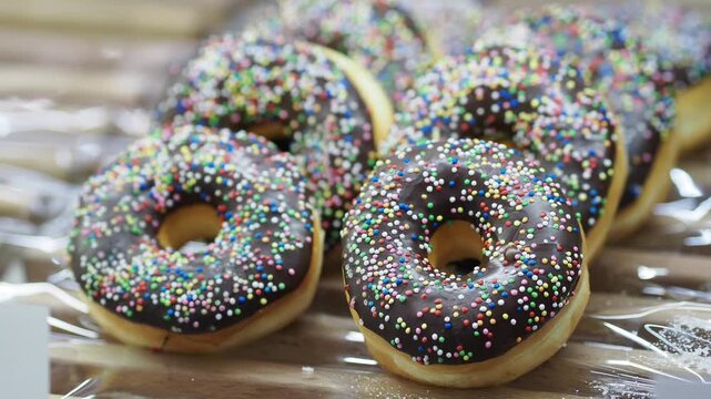 Fresh donuts with chocolate and sprinkles from the bakery
