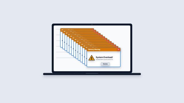 Laptop Screen Displaying Cascading Orange Popup Alerts Memory Warning System Overload Motion Graphics Mockup