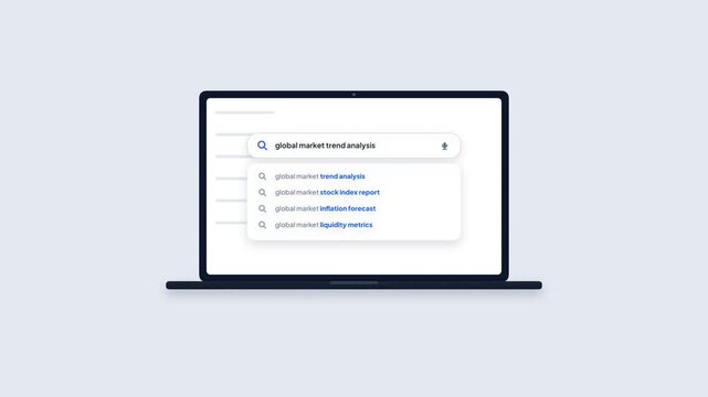 Laptop Screen Displaying Search Engine Typing Global Market Trend Analysis Graphic