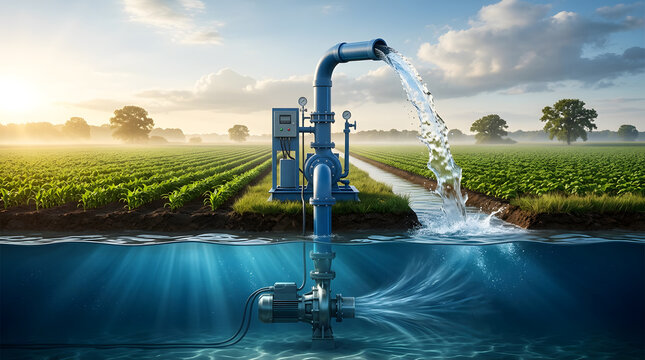 Cinematic view of an agricultural water pump system irrigating green farm fields with a cross-section showing underwater mechanics and clean negative space