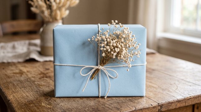 Elegant light blue gift box tied with twine and decorated with dried baby's breath flowers on a rustic wooden table