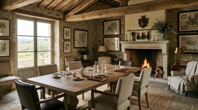 Rustic dining room with stone walls and a warm fireplace