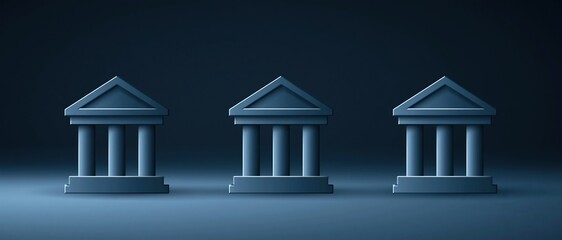 Fototapeta premium Three blue neoclassical bank building icons with columns and pediments arranged in a row against a dark gradient background