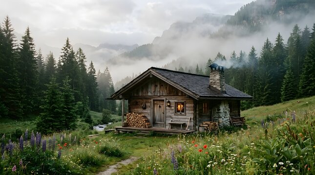 Cozy Rustic Cabin in Misty Mountain Pine Forest Landscape