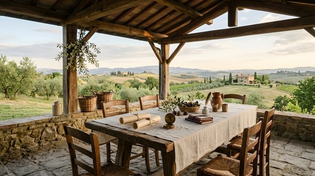 Rustic Dining Table Under Wooden Canopy with Tuscan Hills View