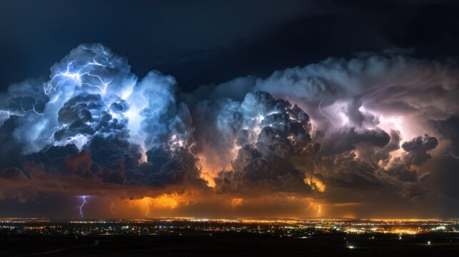 Dramatic lightning storm over a cityscape at night with thunderclouds