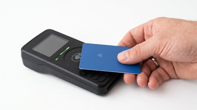 Hand holding a blue contactless payment card near a black card reader terminal with NFC symbol
