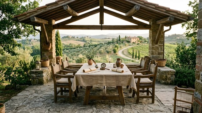 Rustic outdoor dining table overlooking scenic Tuscan hills and vineyards