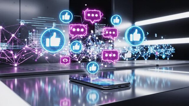 Futuristic social media interaction concept with smartphone and glowing icons floating above