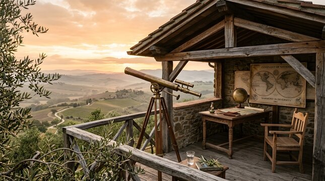 Scenic Tuscan sunset over rolling hills from a rustic wooden observatory